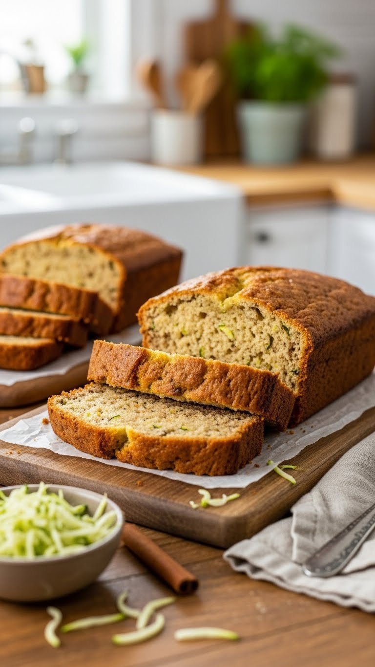 Golden-Brown Zucchini Bread Slices With Green Flecks And Cinnamon On Rustic Wooden Cutting Board With Soft Natural Lighting