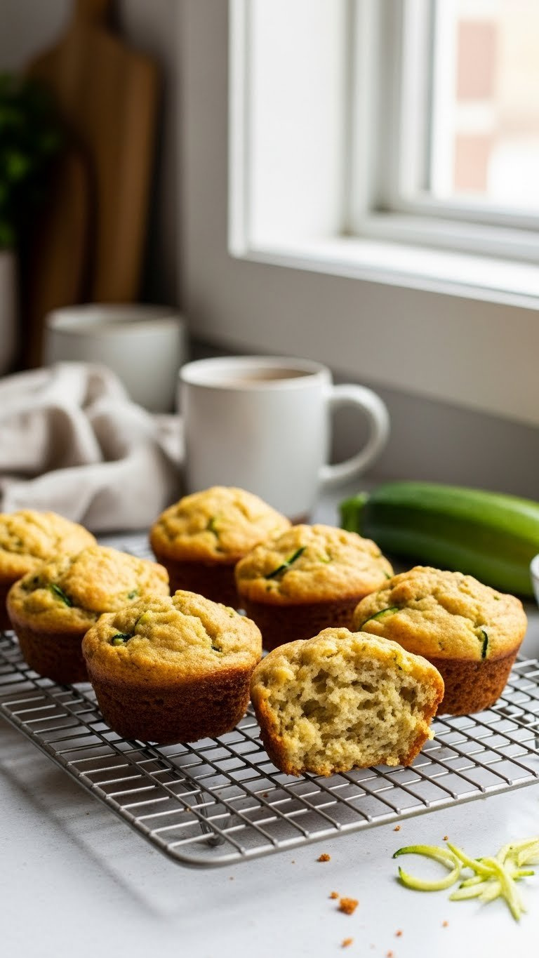 Golden Brown Zucchini Muffins Cooling On Wire Rack With Cracked Interior Texture Visible, Bathed In Warm Golden Hour Light.