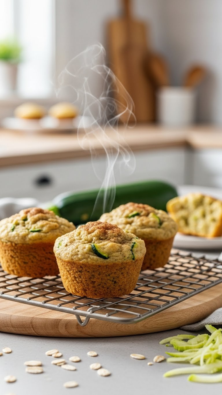 Golden-Brown Zucchini Muffins With Cinnamon Dusting And Green Zucchini Flecks On A Wooden Cooling Rack With Soft Natural Light