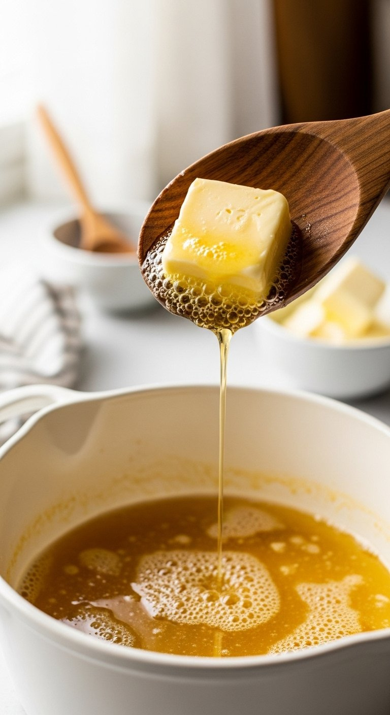 Golden Browned Butter With Toasted Milk Solids In A White Saucepan On A Blurred Kitchen Counter.