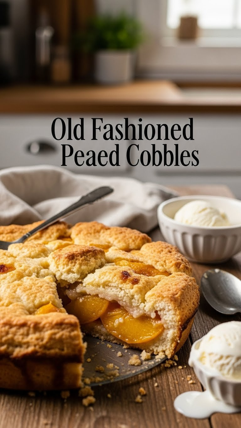 Golden, Bubbling Old Fashioned Peach Cobbler With A Flaky Biscuit Crust, Tender Peaches, And Melting Vanilla Ice Cream On A Rustic Table In Warm Light. Delicious Homemade Dessert.
