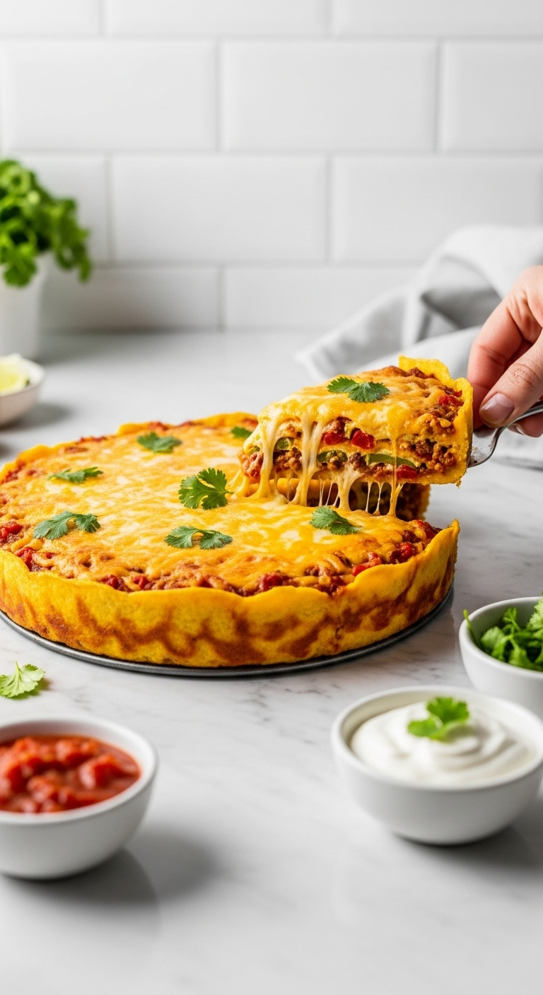 Golden Bubbly Air Fried Taco Pie With Cheesy Meaty Layers Being Lifted Out With Sour Cream Salsa And Cilantro