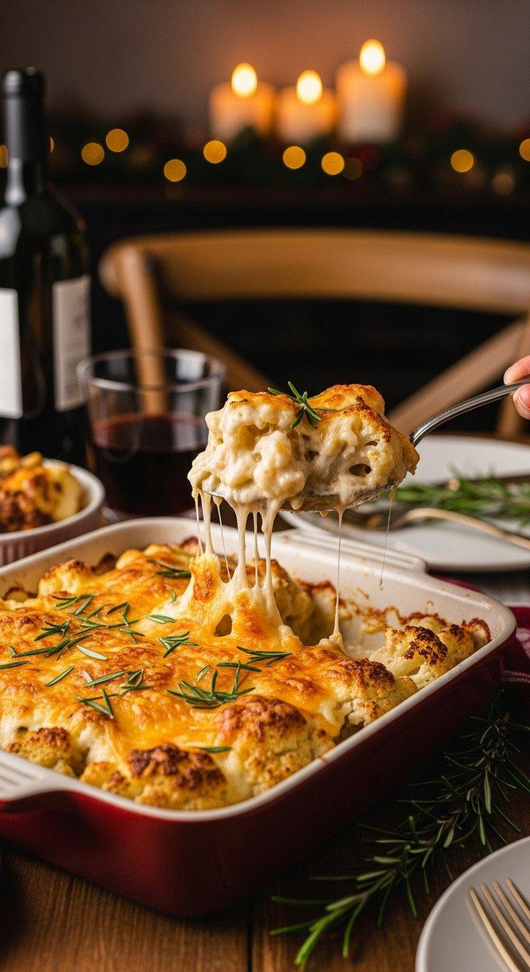 Golden Bubbly Cauliflower Gratin With Cheesy Sauce And Browned Crust In A Rustic Baking Dish, With A Serving Spoon.