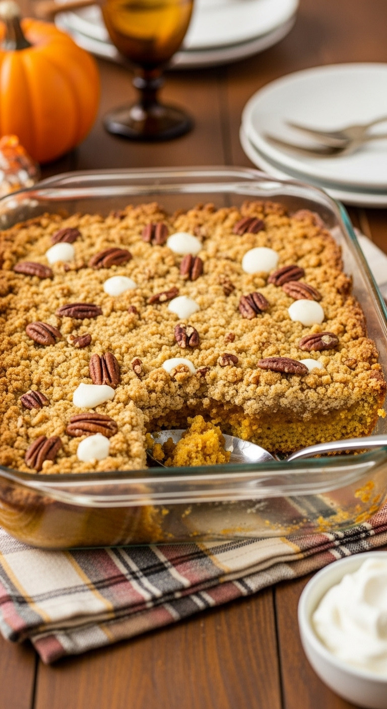 Golden, Bubbly Pumpkin Dump Cake In Glass Dish With Scoop Out, Gooey Pumpkin, Buttery Topping, Pecans On Rustic Table.