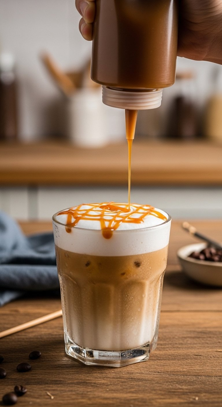 Golden Caramel Drizzle Applied In A Crosshatch Pattern Atop Iced Caramel Macchiato Foam On A Rustic Wooden Table.