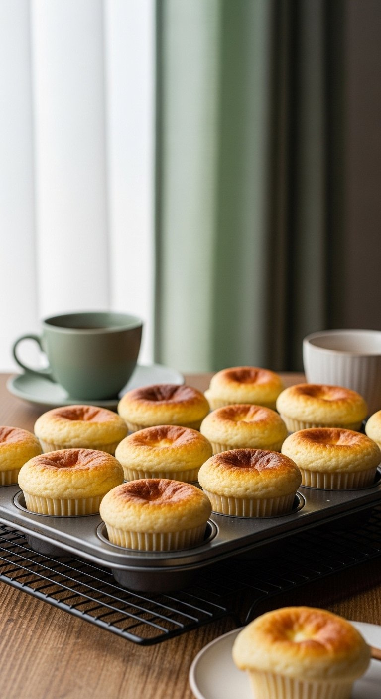 Golden Cheesecake Cupcakes Cool In A Muffin Tin On A Wire Rack Near A Window With Soft Natural Light.