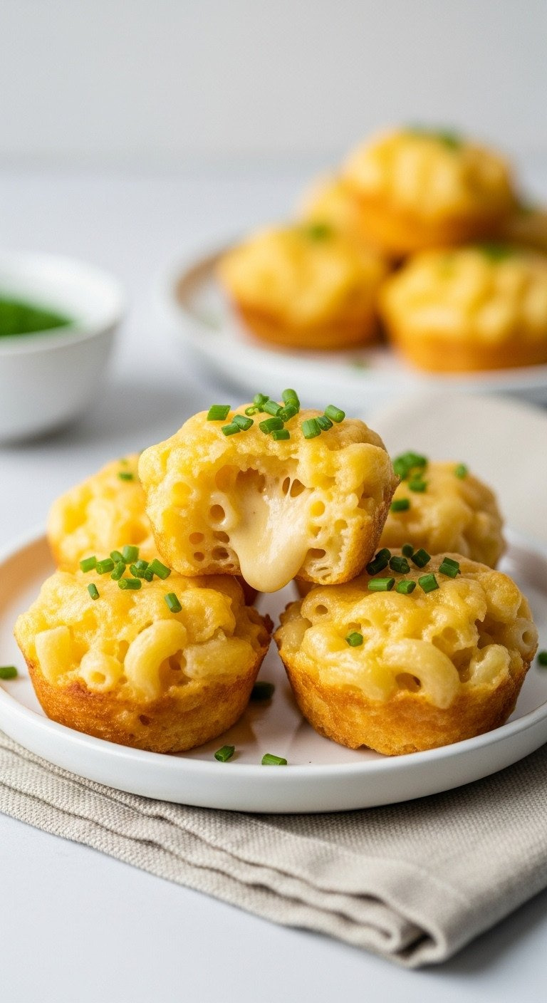 Golden, Cheesy Mac And Cheese Bites On A White Plate, One Broken Open Revealing Creamy Interior, Garnished With Chives.