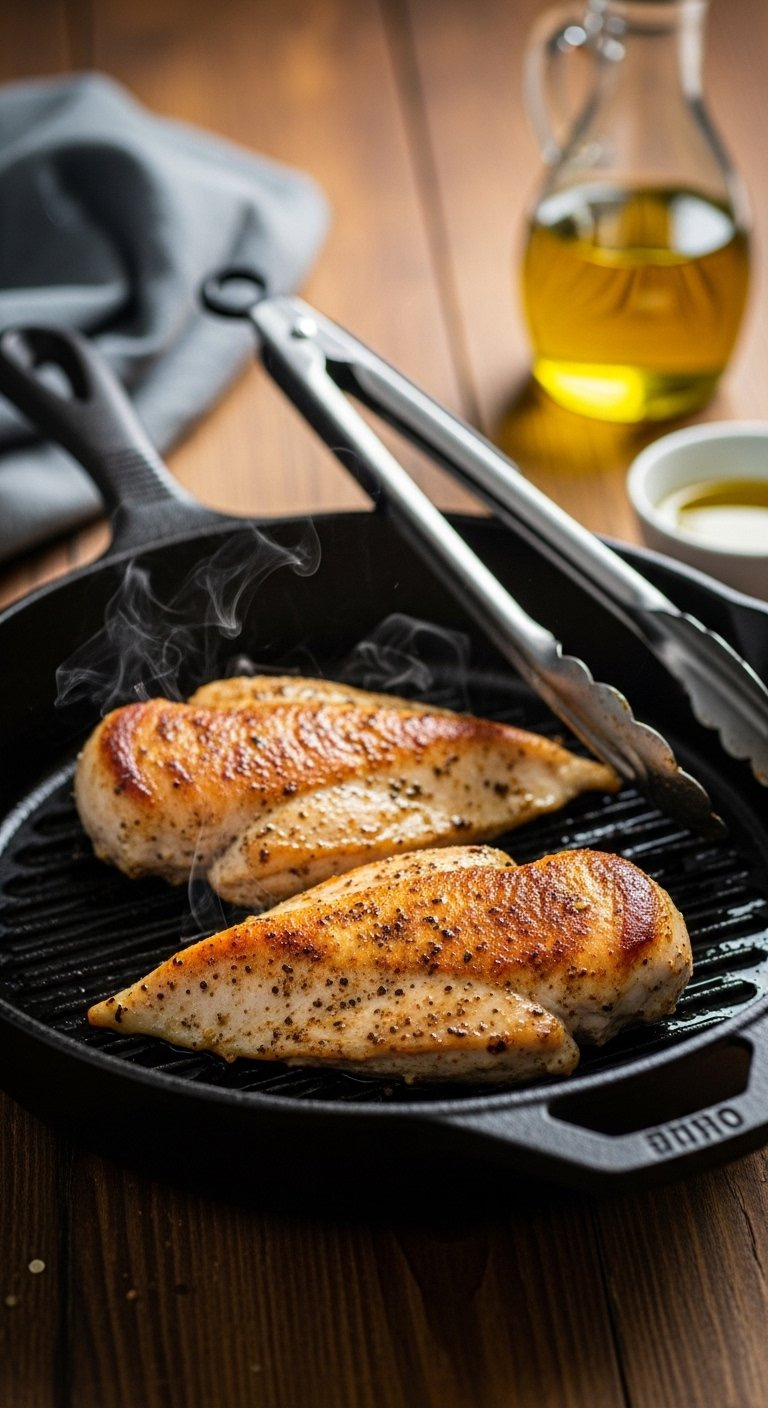 Golden Chicken Breasts Sear In A Black Cast-Iron Skillet With Stainless Steel Tongs And Olive Oil Nearby.