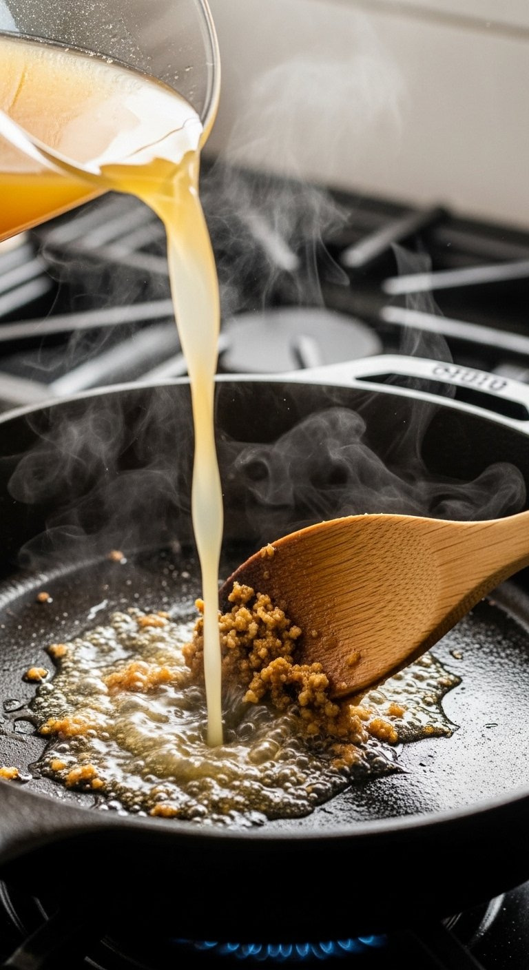 Golden Chicken Broth Being Poured Into A Hot Cast Iron Skillet To Lift Browned Bits.