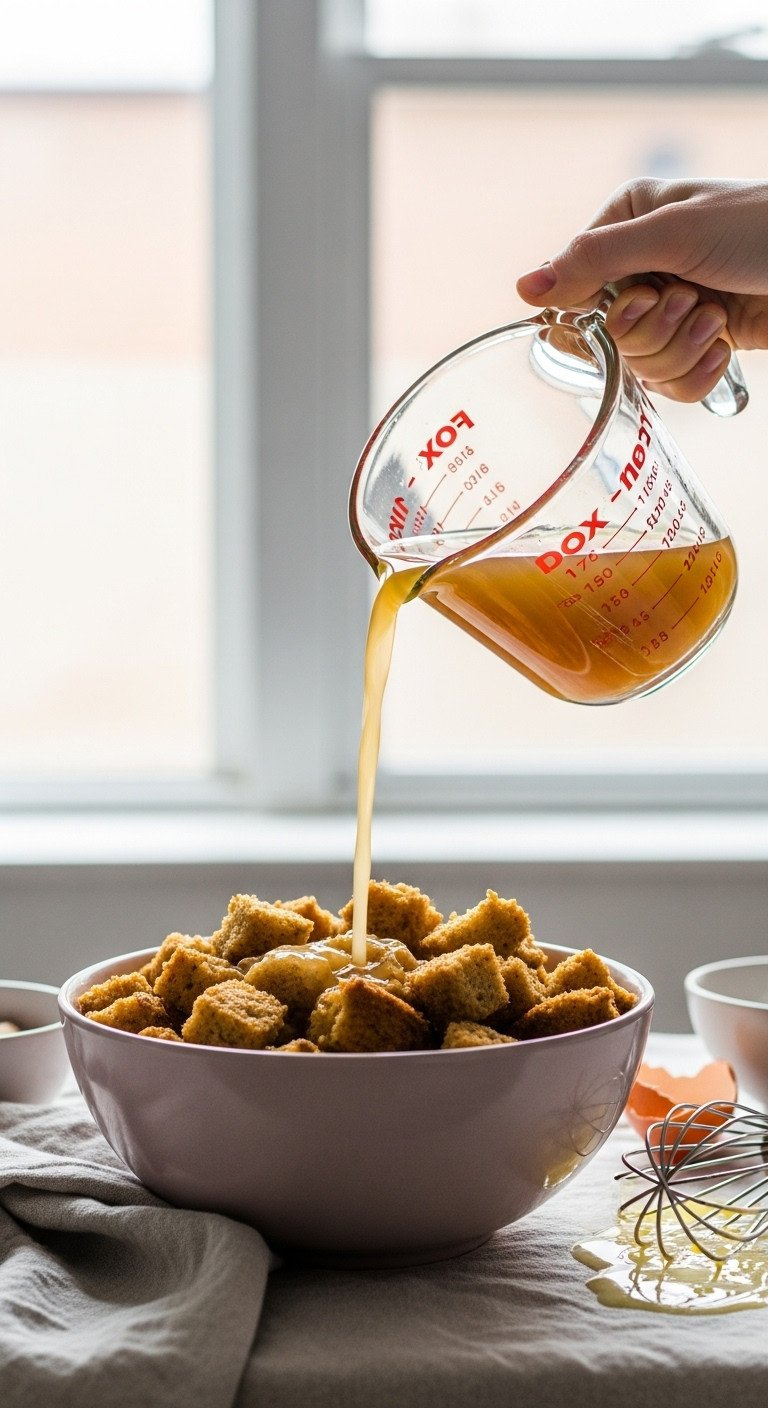 Golden Chicken Broth Poured From A Measuring Cup Into Stuffing Mixture, Absorbing Into Bread Cubes, On A Linen Tablecloth For A Recipe.