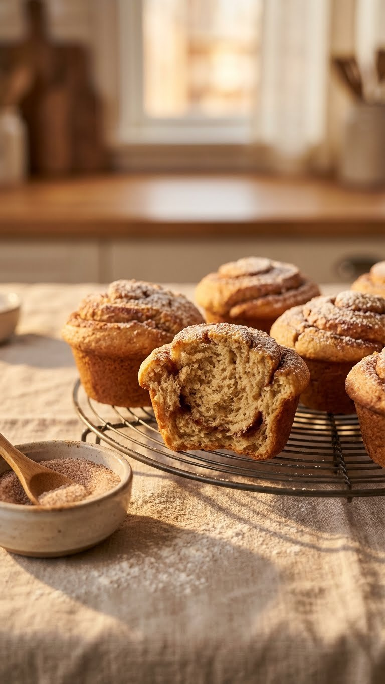 Golden Cinnamon Swirl Muffins On Rack, One Broken Open Revealing Moist Crumb From Applesauce Egg Substitute.