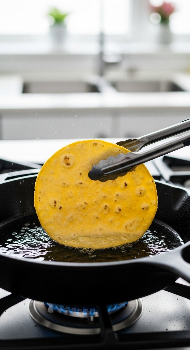Golden Corn Tortilla Frying In A Cast Iron Skillet With Oil Sizzling On A Gas Stovetop.