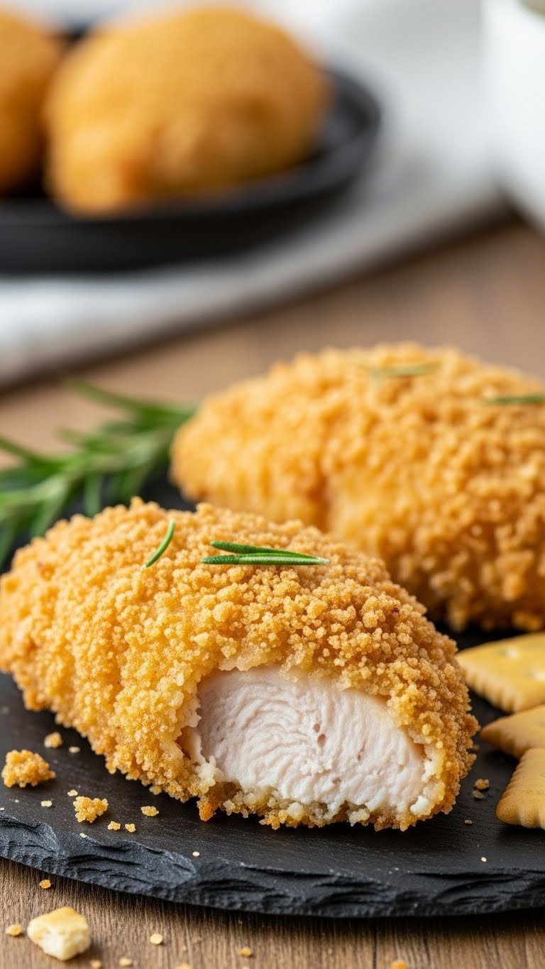 Golden Cracker Crusted Baked Chicken Tender With Crunchy Coating On Dark Stone Plate With Rosemary Garnish