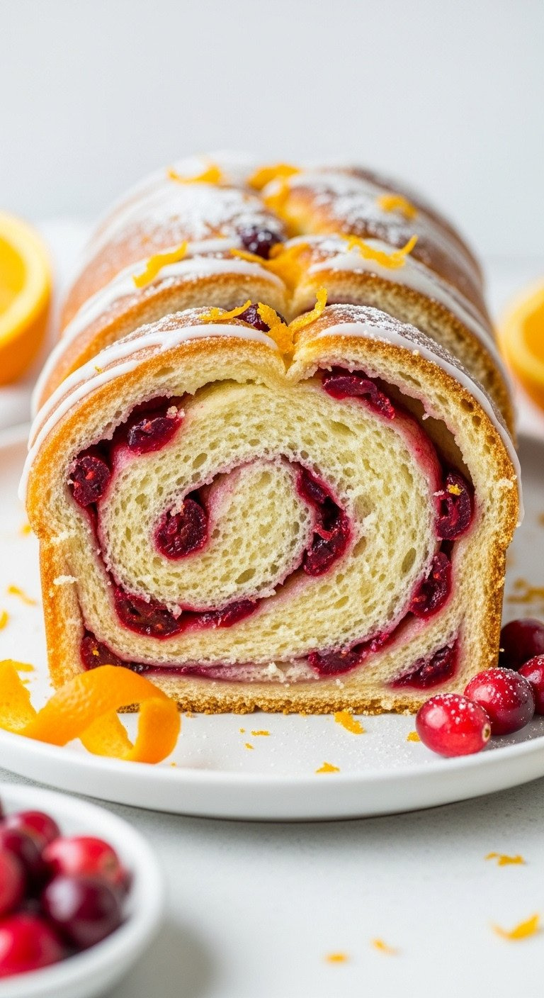 Golden Cranberry Orange Swirl Bread, Sliced, Showing Vibrant Cranberries &Amp; Orange Zest. Glazed, With Powdered Sugar.