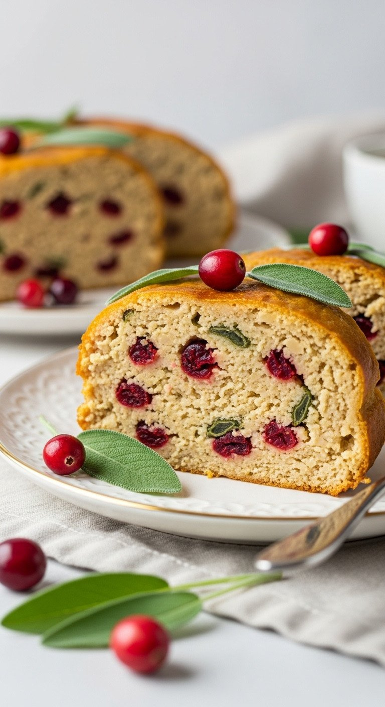 Golden Cranberry Sage Chickpea Roast Slice On Elegant Plate, Showing Festive Interior. Delicious Vegan Holiday Recipe.