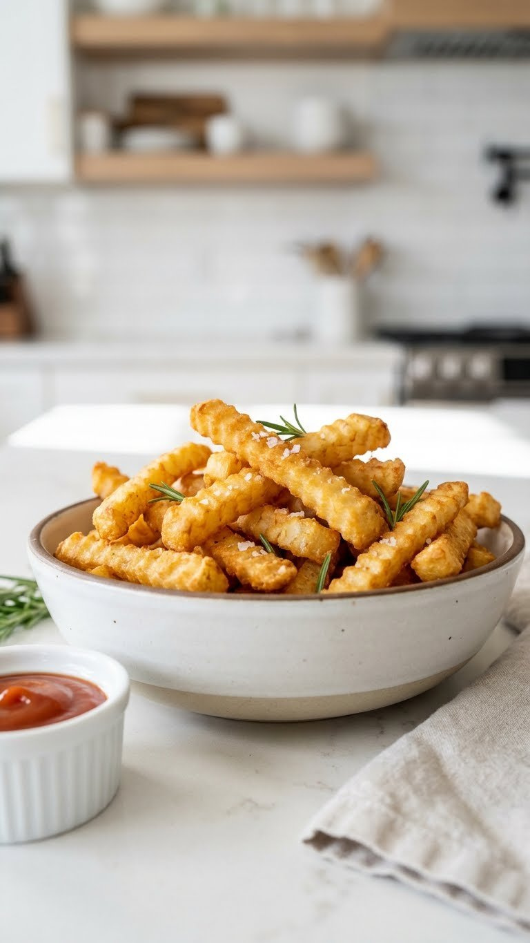 Golden-Crisp Instant Pot Air Fryer French Fries In A White Ceramic Bowl With Ketchup And Rosemary On A Blurred Modern Kitchen Countertop.