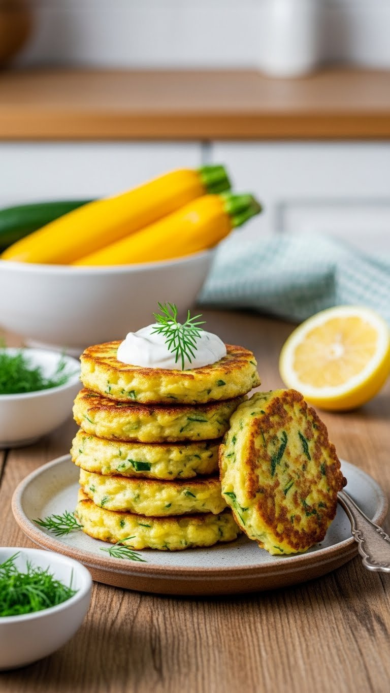 Golden-Crisp Yellow Zucchini Fritters Stacked On Ceramic Plate With Herbs And Parmesan Cheese