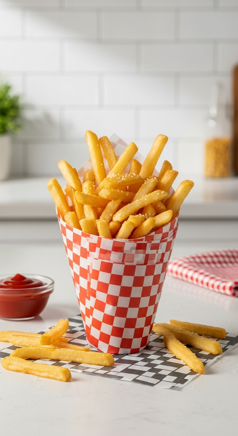 Golden Crispy Ninja Foodi French Fries In A Cone With Some Spilling Out And A Ramekin Of Ketchup