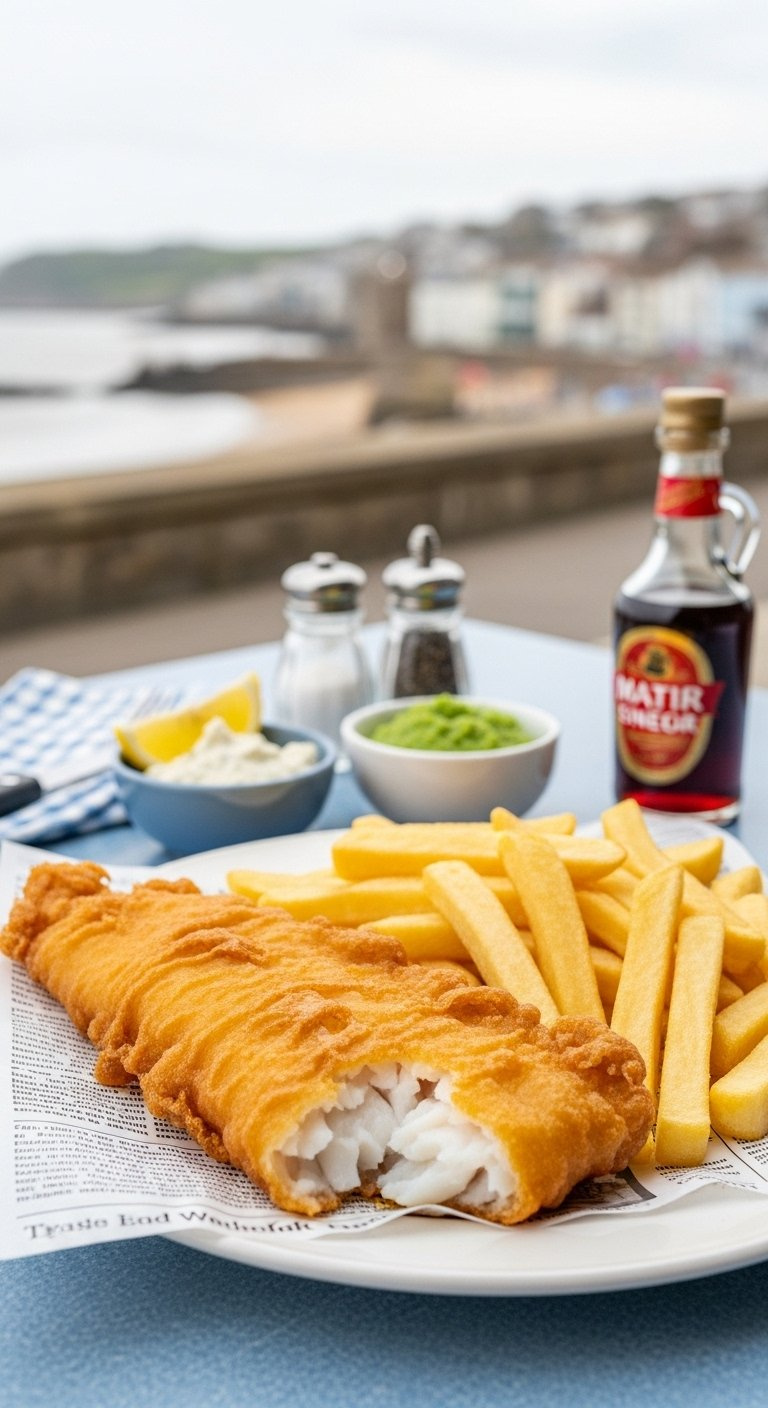 Golden Crispy Battered Fish And Chips Served With Mushy Peas On Classic Newspaper-Style Paper.