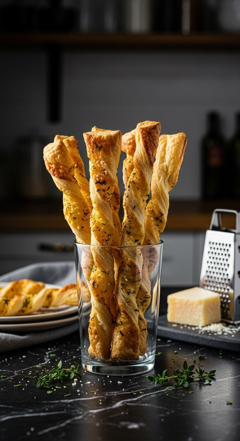 Golden, Crispy Savory Parmesan Puff Pastry Twists In A Glass, Sprinkled With Herbs, On Dark Marble. Elegant Appetizer.