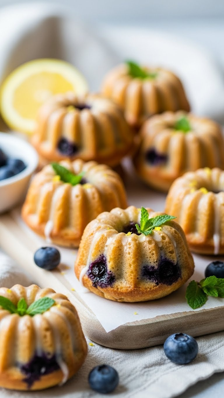 Golden Crust Lemon Blueberry Mini Bundt Cakes With Visible Berries And Lemon Glaze Arranged On Rustic Wooden Board With Soft Natural Lighting