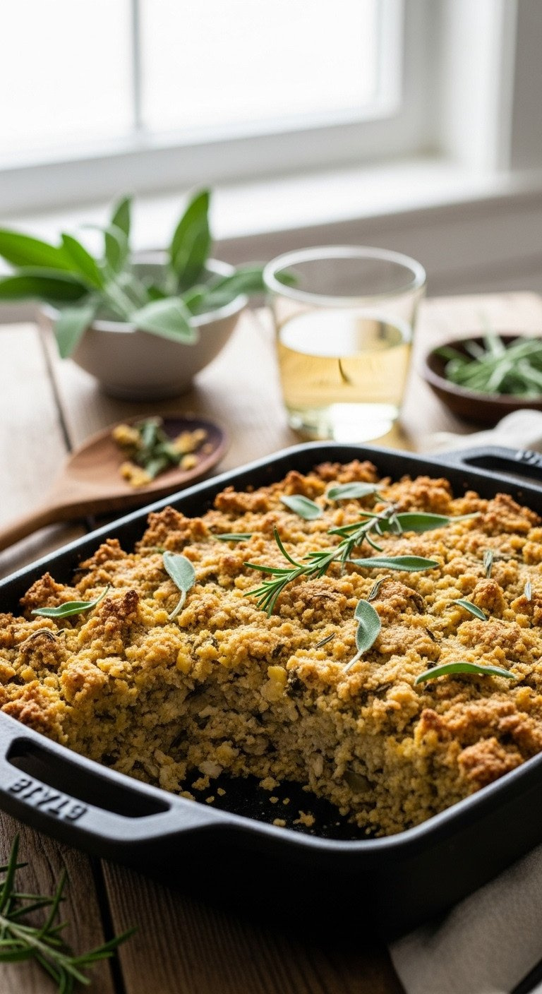 Golden, Crusty Plant-Based Stuffing With Savory Herbs, Moist Interior Baked In A Cast Iron Dish, Ready To Be Served.