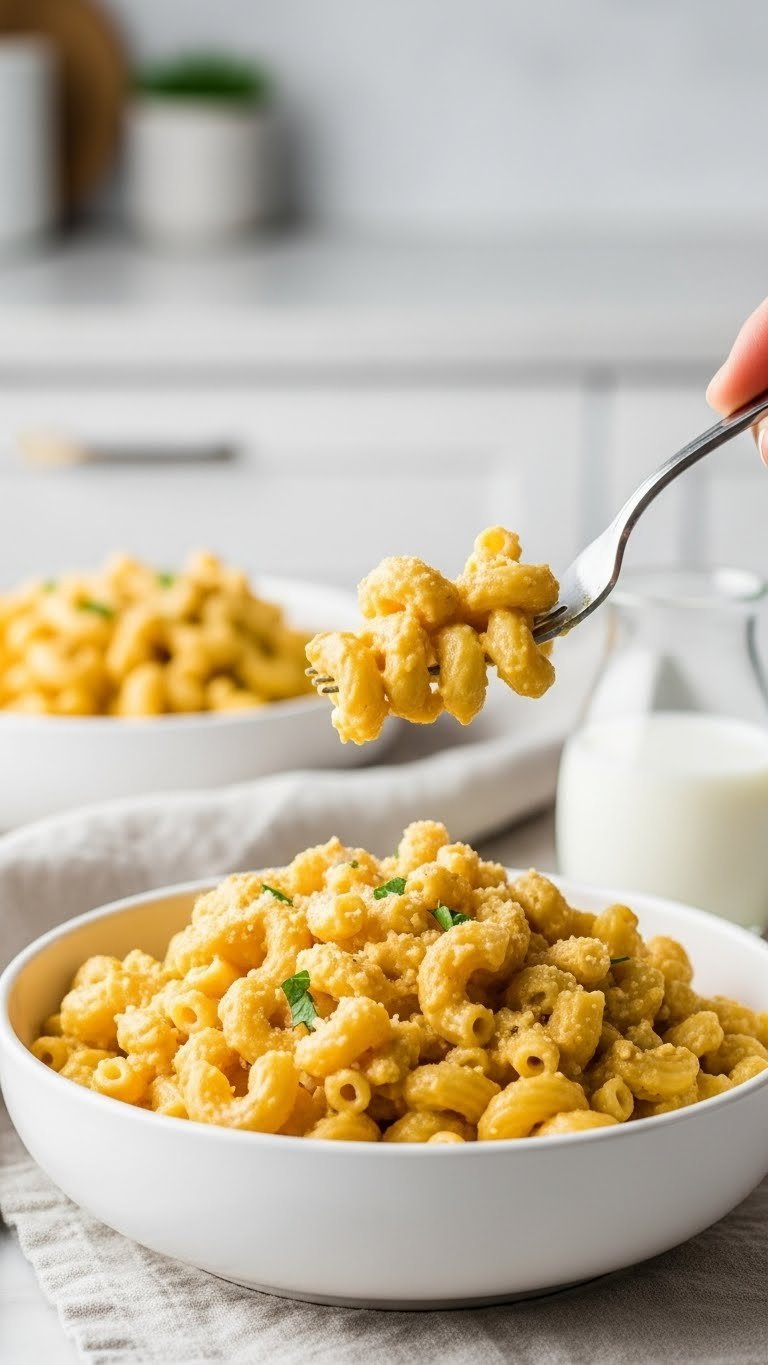 Golden Dairy-Free Instant Pot Mac And 'Cheese' With Creamy Pasta, Vegan Parmesan, And A Fork On A Linen Tablecloth.
