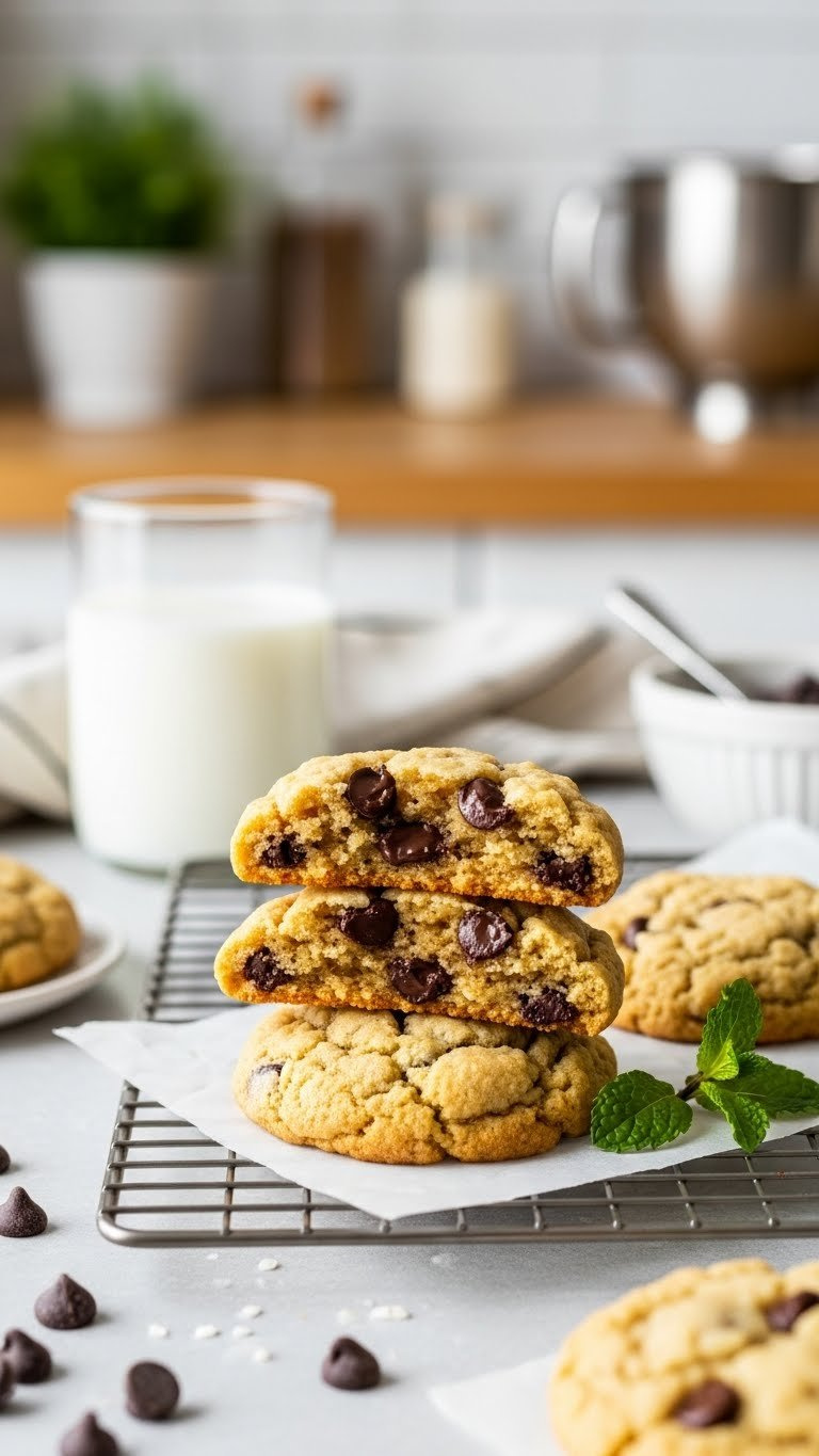 Golden-Edged Coconut Flour Chocolate Chip Cookies Broken Open Revealing Chewy Interior With Melted Chocolate Chips On Cooling Rack.