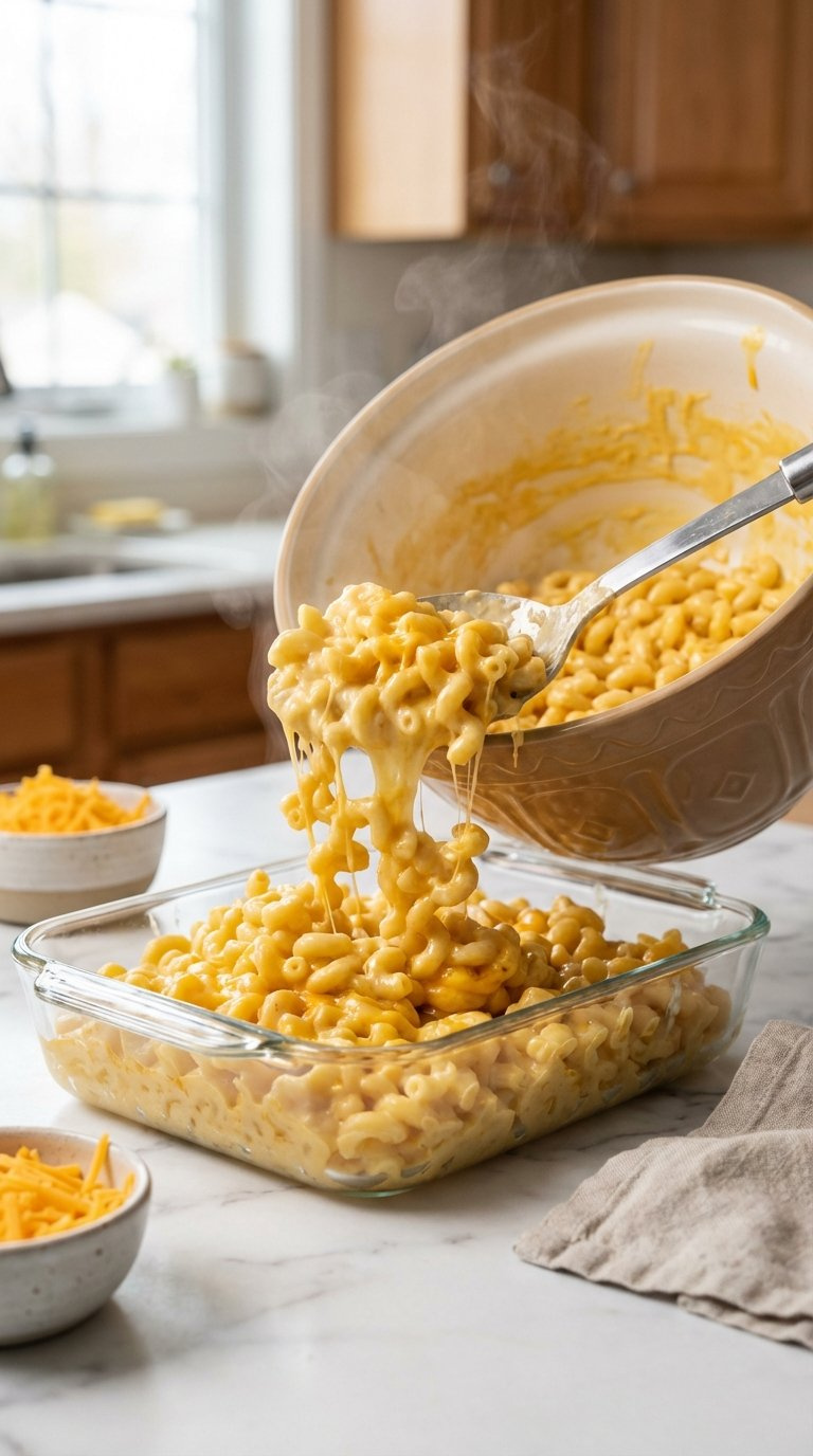 Golden Elbow Macaroni With Rich Cheese Sauce Being Spooned From Mixing Bowl Into Glass Baking Dish