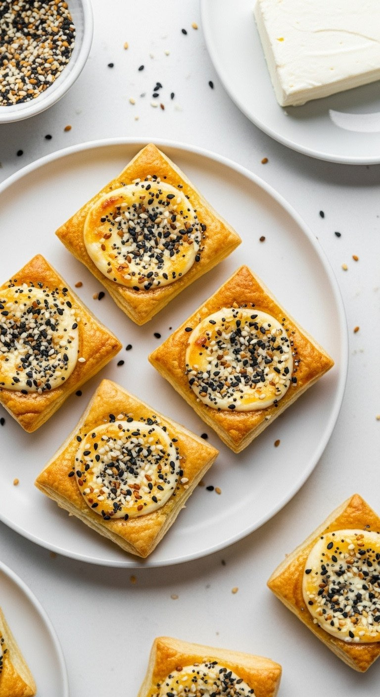Golden Everything Bagel Puff Pastry Bites With Cream Cheese Filling On A White Plate. Brunch Appetizer Recipe.