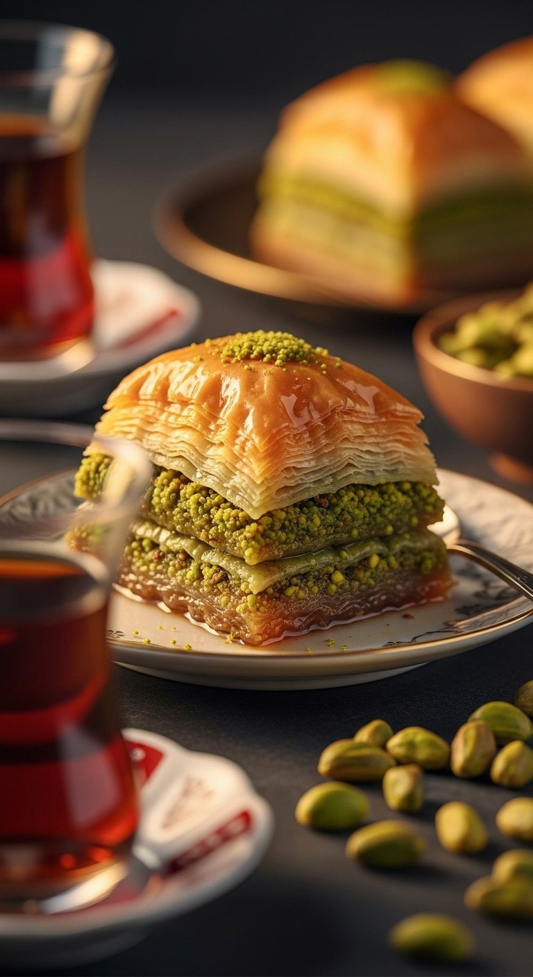 Golden Flaky Baklava With Pistachio Filling Soaked In Syrup Served On An Elegant Dessert Plate.