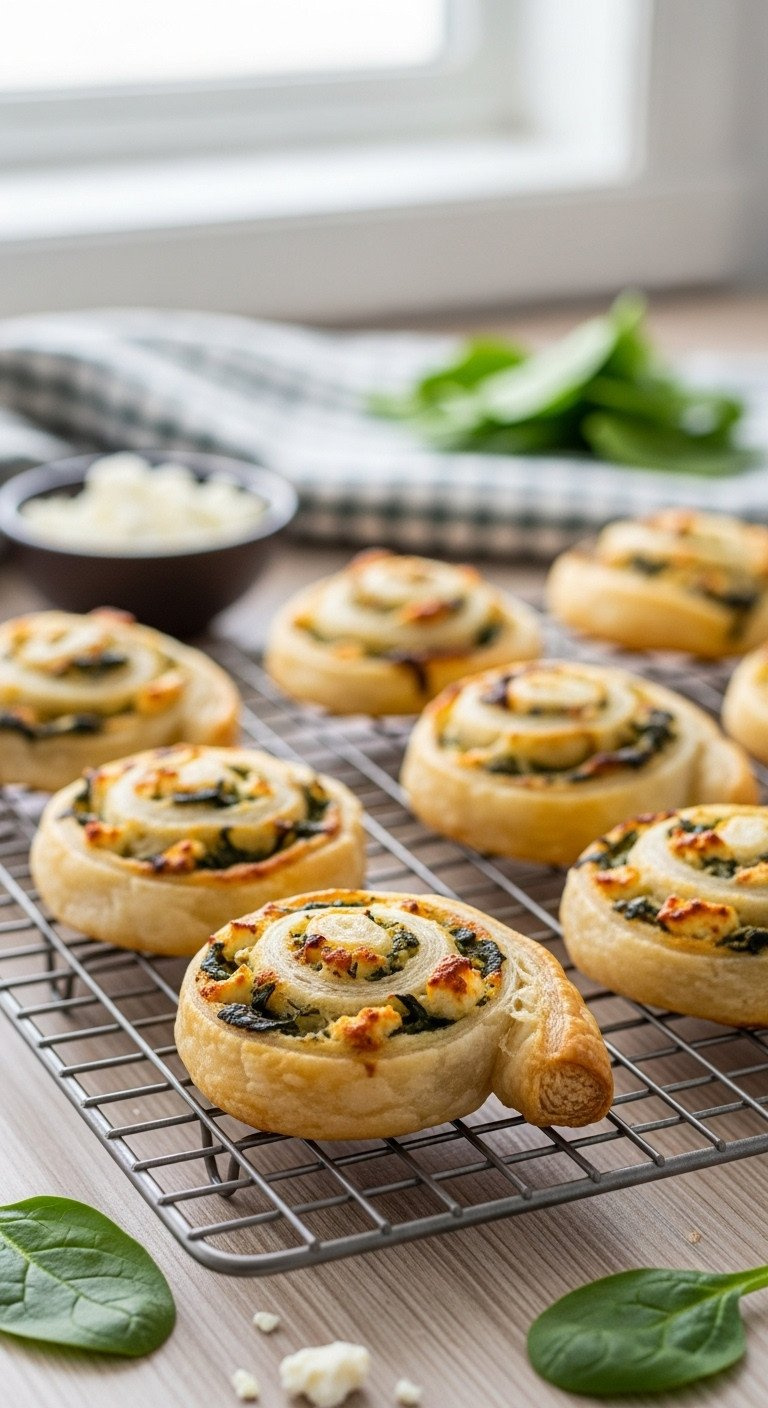 Golden Flaky Puff Pastry Pinwheels With Spinach And Feta Filling On A Cooling Rack With Fresh Spinach. Easy Savory Appetizer Recipe.