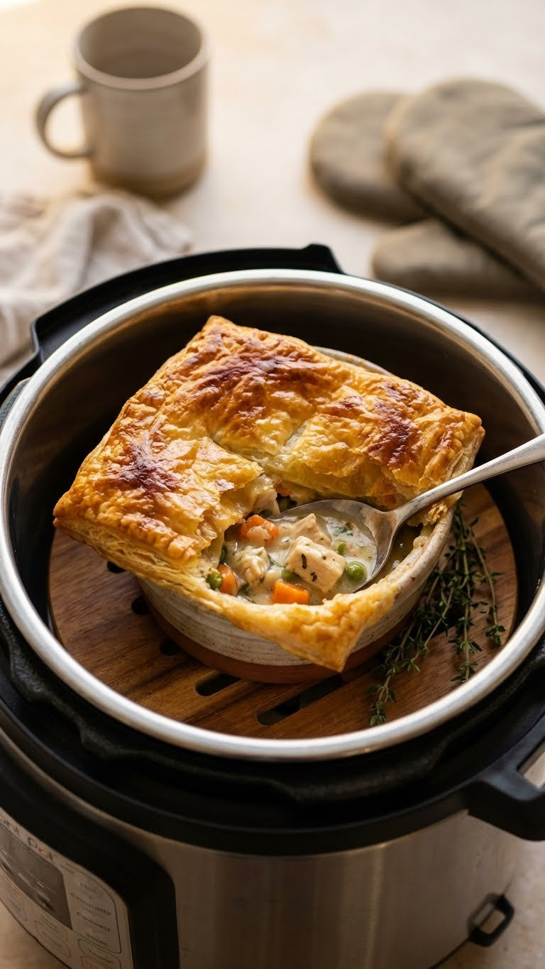 Golden, Flaky Puff Pastry Topping On A Creamy Instant Pot Chicken Pot Pie, Garnished With Fresh Thyme.