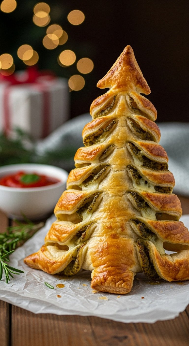Golden, Flaky Savory Puff Pastry Christmas Tree With Melted Cheese &Amp; Pesto On Parchment, Rustic Table, Festive Lights, Marinara, Rosemary.
