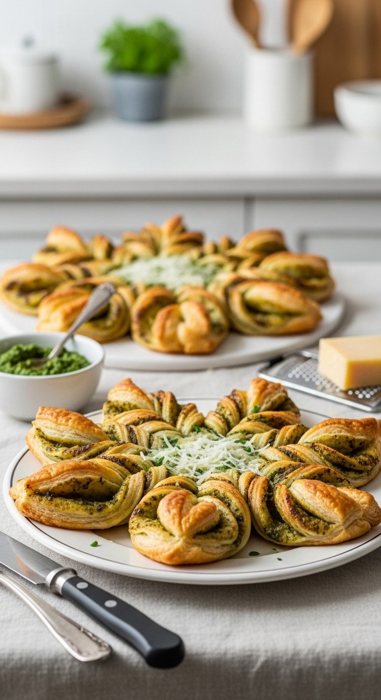 Golden, Flaky Savory Puff Pastry Star Bread With Vibrant Pesto And Cheese Filling On A Vintage Plate, Kitchen Setting. Appetizer Recipe.