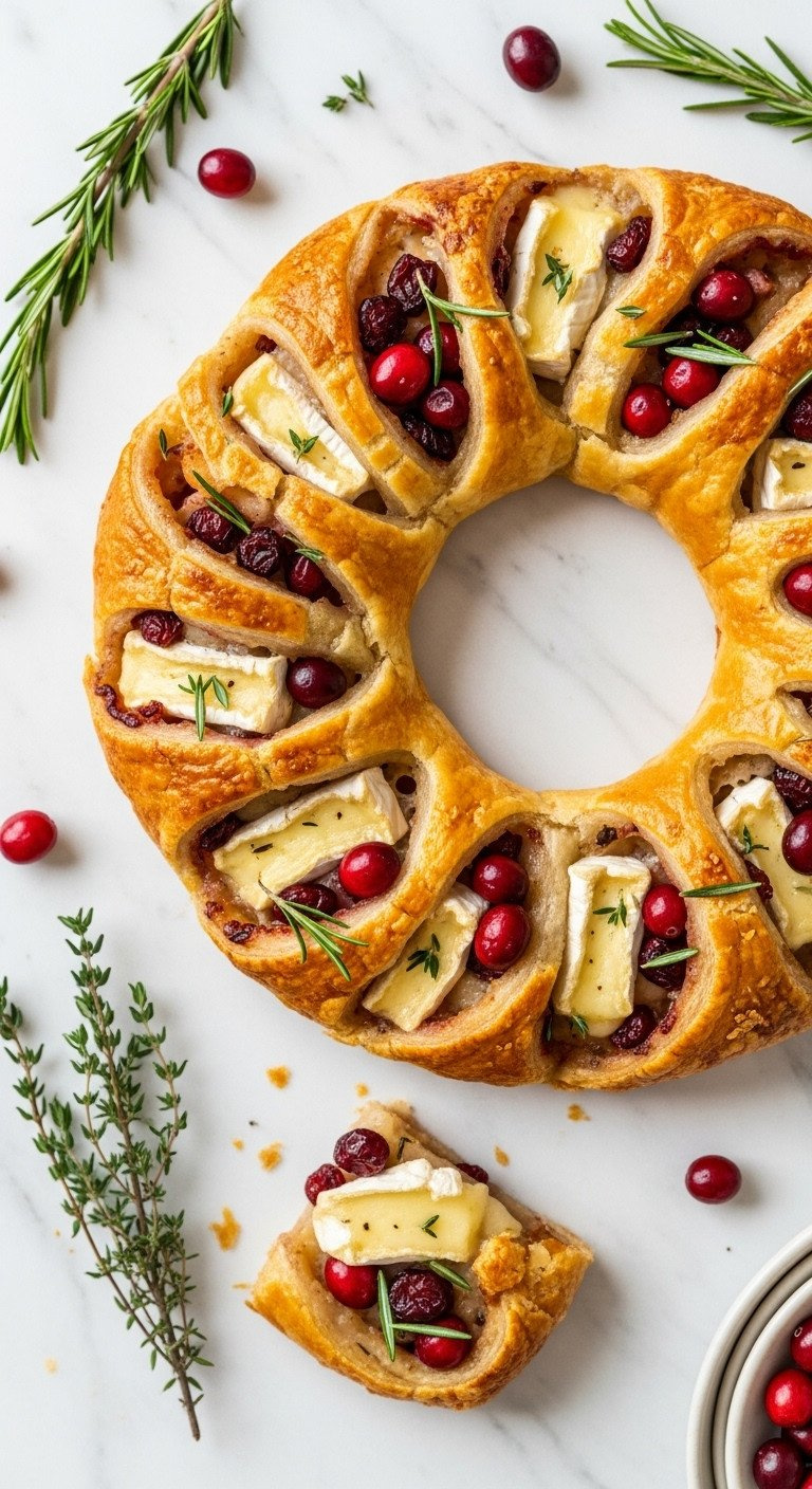 Golden, Flaky Savory Puff Pastry Wreath With Brie, Cranberries, And Rosemary On Marble. Festive Holiday Appetizer Recipe.