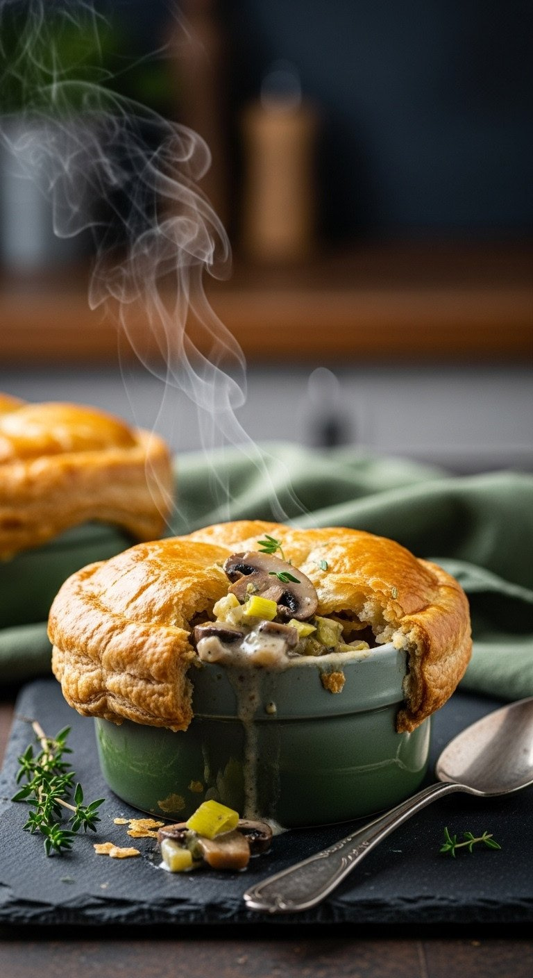 Golden Flaky Vegetarian Pot Pie In Ramekin, Creamy Mushroom &Amp; Leek Filling, Steam, Spoon, Thyme, Warm Kitchen Background.