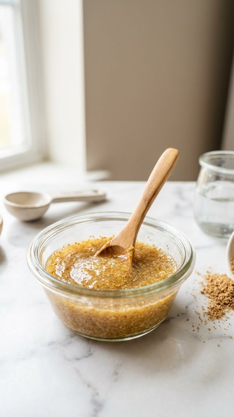 Golden Flax Egg Mixture In A Glass Bowl, Thickening Into A Gel With A Wooden Spoon On A Marble Counter, Perfect For Vegan Baking.