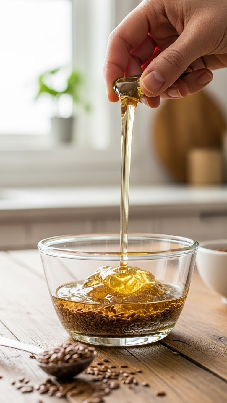 Golden Flaxseed Meal And Water In A Glass Bowl Forming A Thick, Gelatinous Flax Egg On A Rustic Wooden Table, Ideal For Vegan Baking.