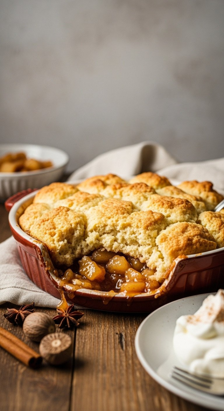 Golden, Fluffy Apple Cobbler In A Rustic Dish With Spiced Apples, Visible Crust Texture. Warm, Comforting Dessert With Nutmeg And Cinnamon.