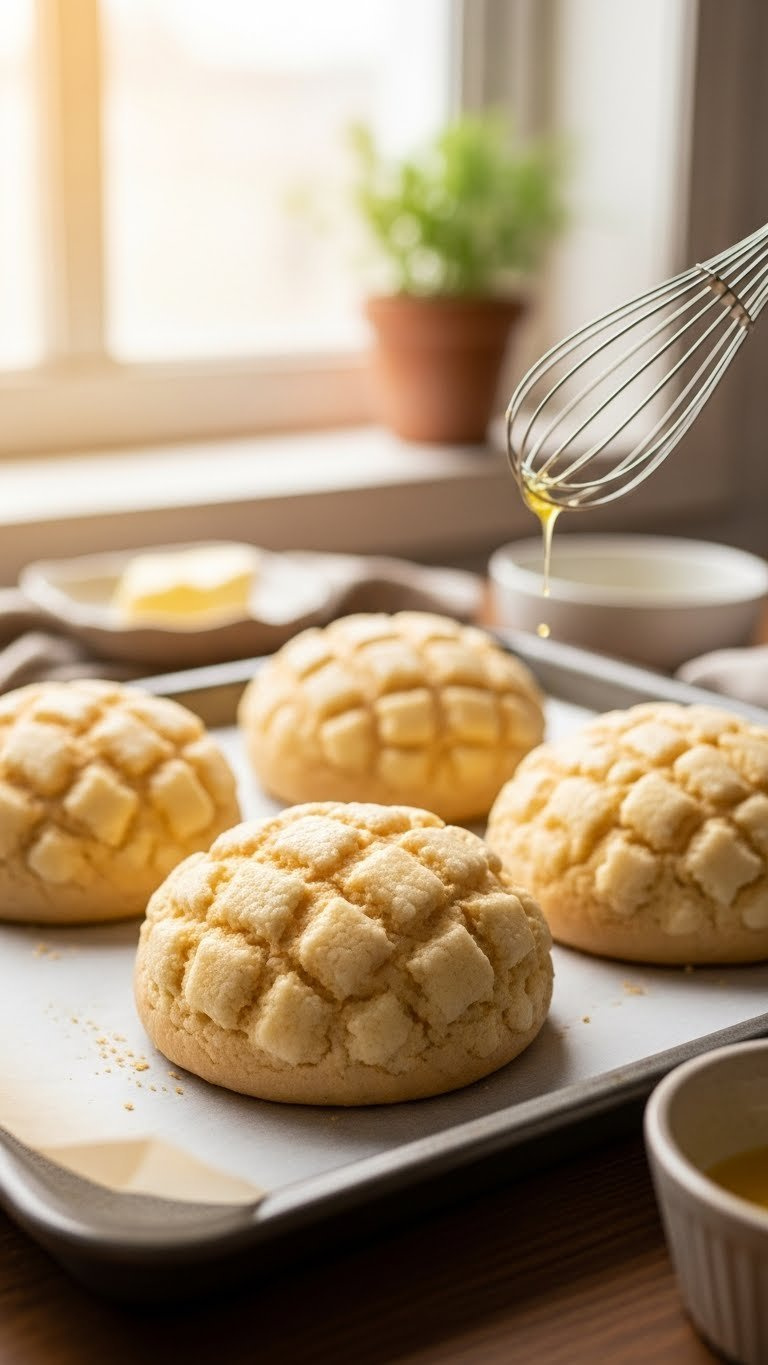 Golden, Freshly Baked Melonpan, Japanese Sweet Bread Rolls With A Crisp Cookie Crust On A Baking Sheet. Warm, Homey Treat.