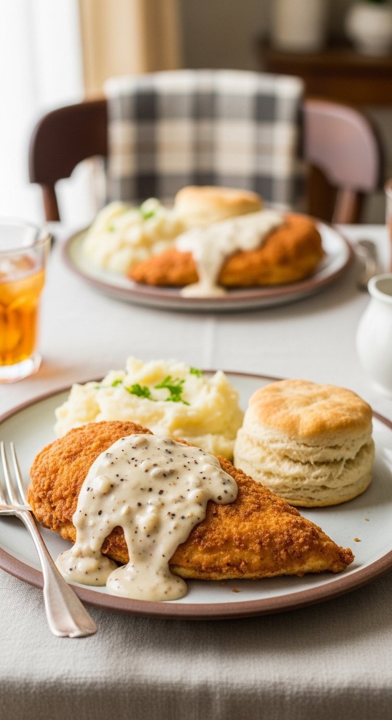 Golden Fried Chicken Breast Smothered In White Gravy Served With Mashed Potatoes And A Biscuit.
