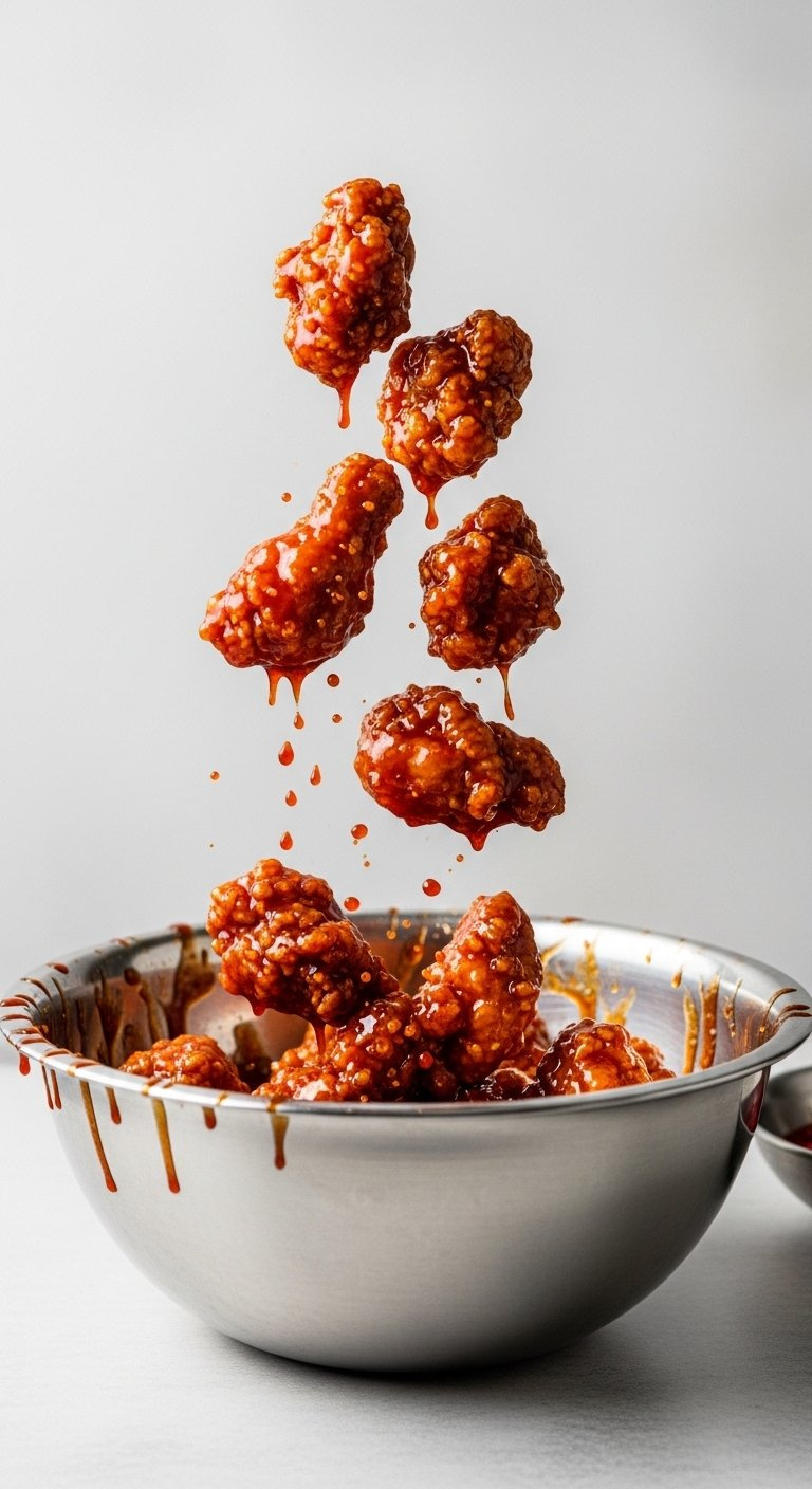 Golden Fried Chicken Pieces Tossed In A Glossy Red Korean Glaze Inside A Large Stainless Steel Bowl.