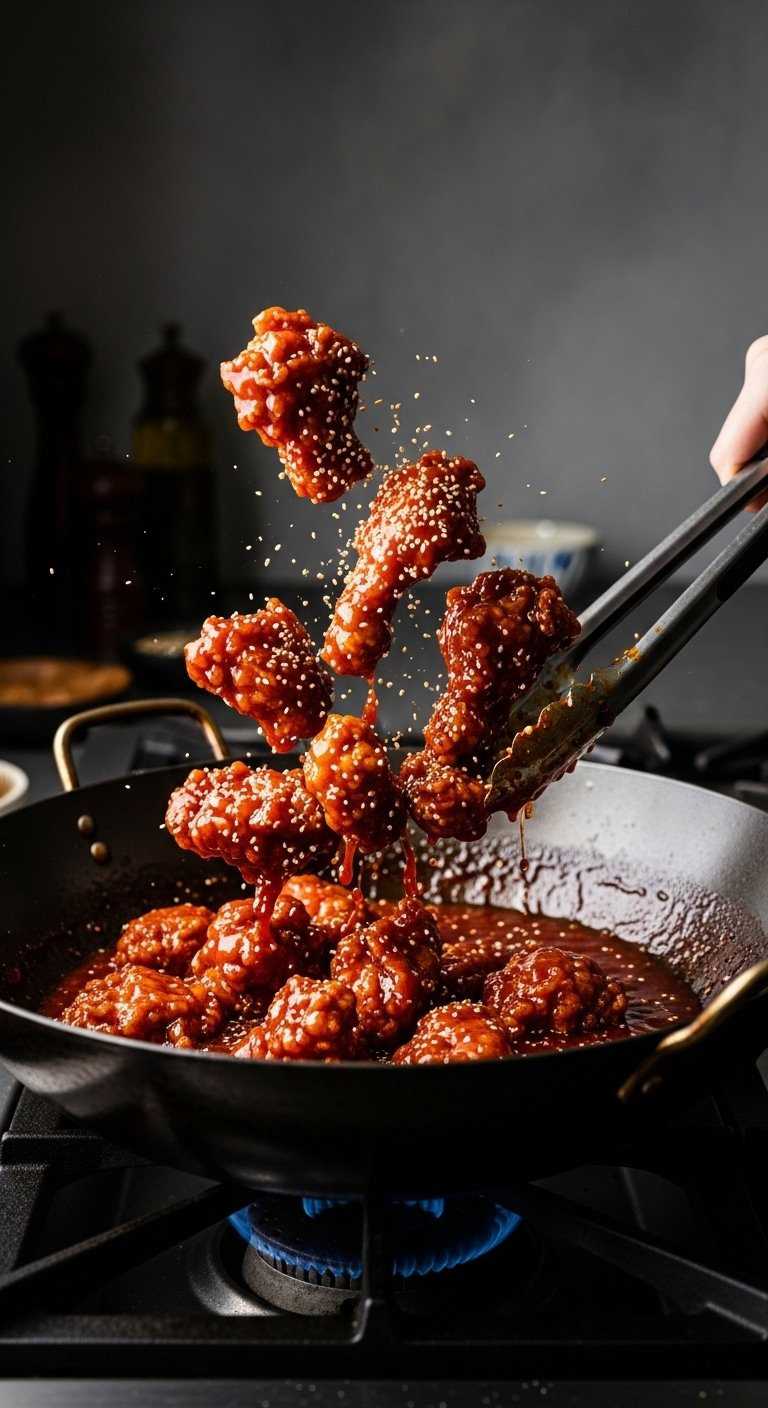 Golden Fried Chicken Pieces Tossed In A Wok With A Sticky Red Glaze And Sesame Seeds.