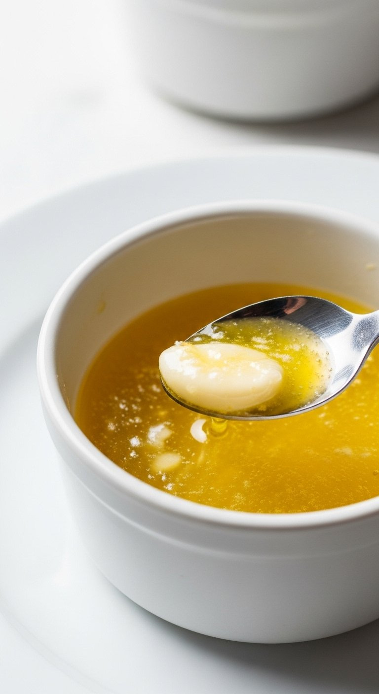 Golden Garlic Butter Sauce Glistening In A Small Elegant Ceramic Ramekin On A Clean Surface.