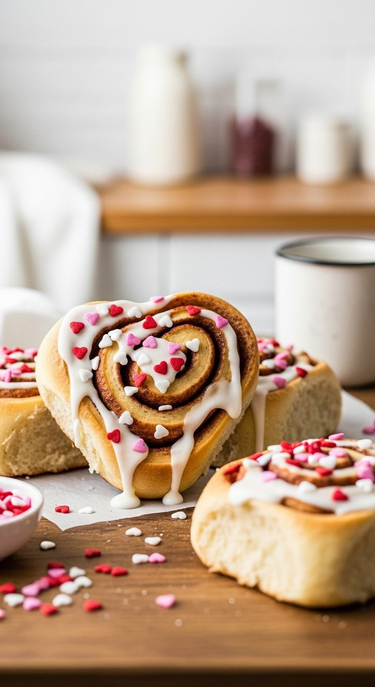 Golden Heart-Shaped Cinnamon Rolls With Dripping Cream Cheese Frosting &Amp; Red/Pink Sprinkles On A Rustic Table, Cozy Setting.