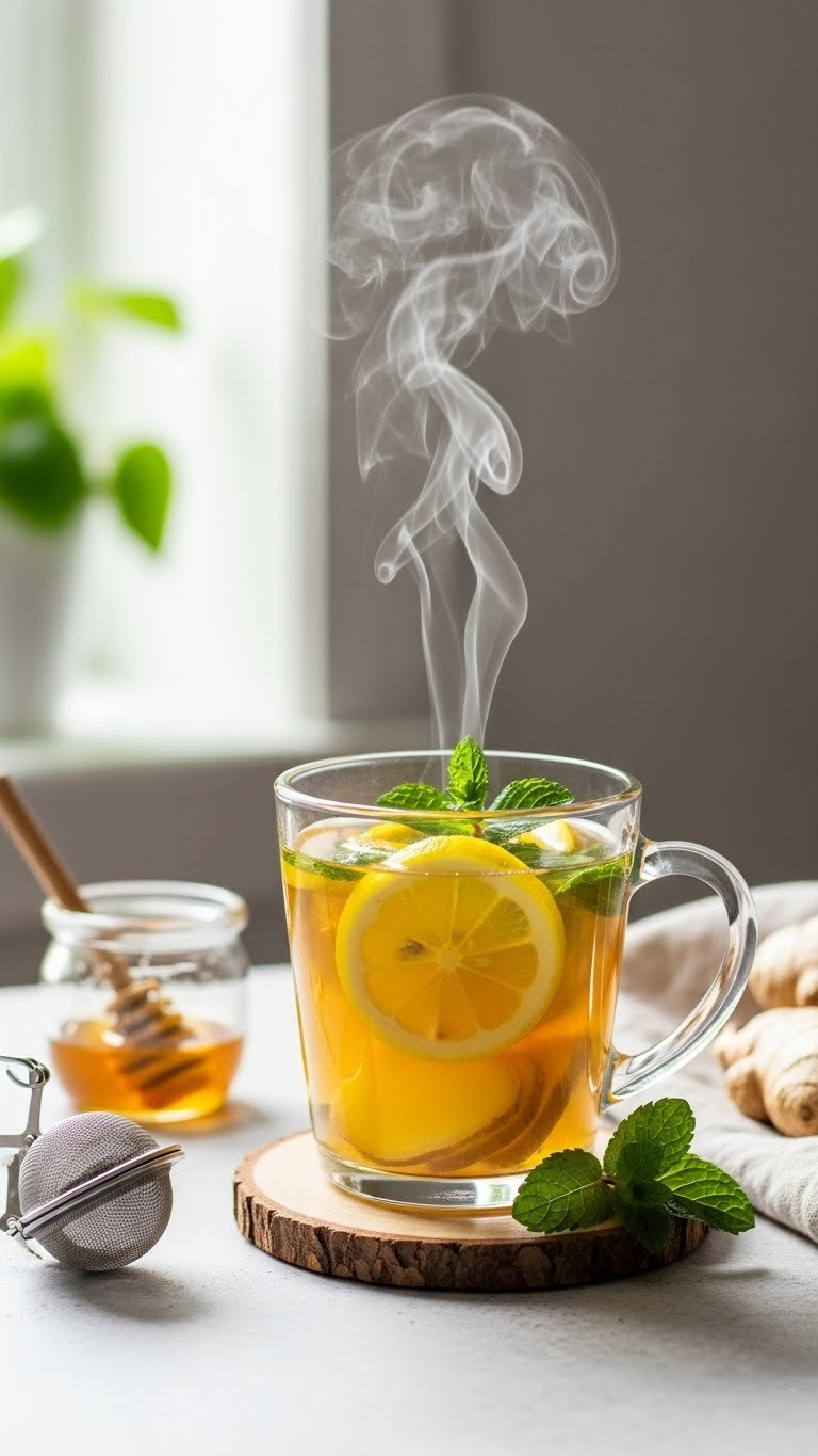 Golden Herbal Winter Wellness Tea In Glass Cup With Ginger Slices And Fresh Mint Garnish.