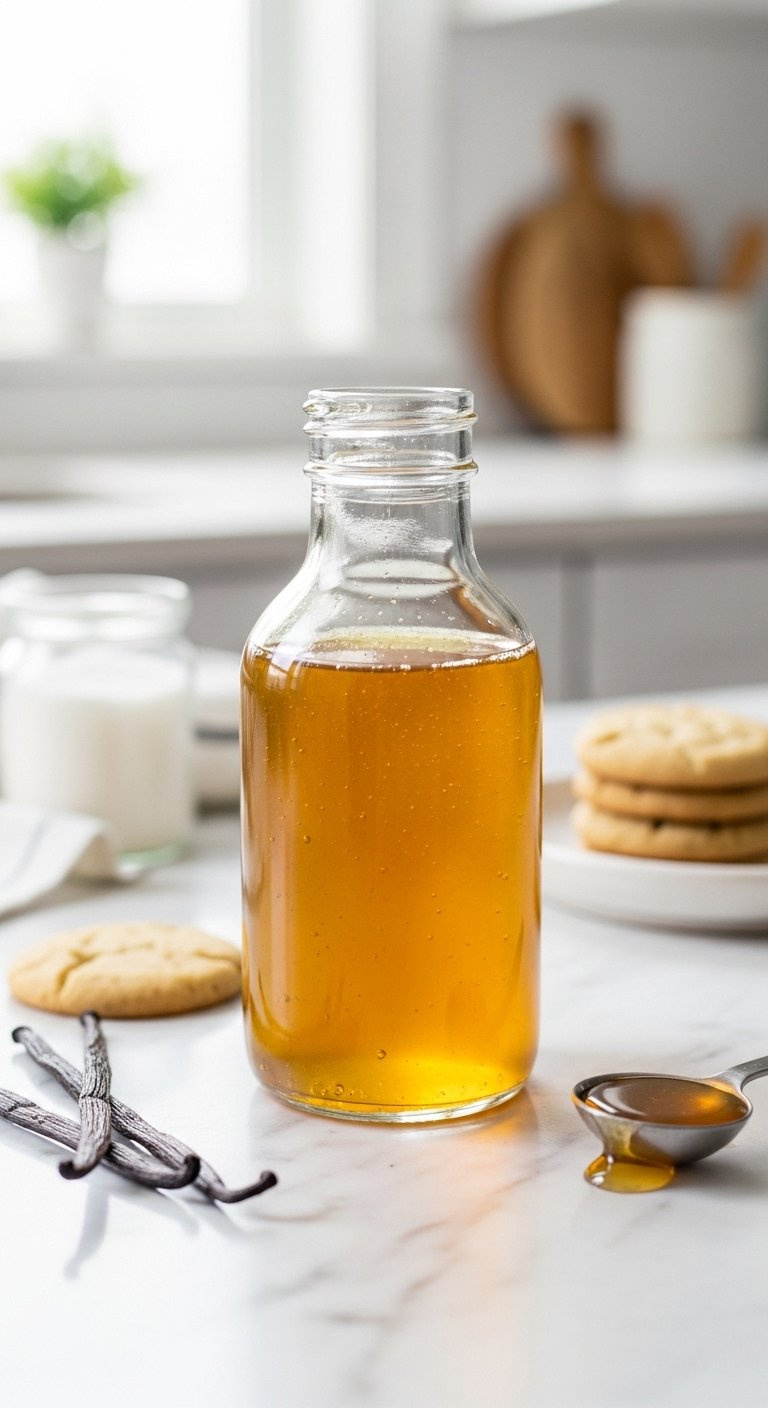Golden Homemade Sugar Cookie Syrup In A Glass Bottle With Vanilla Beans On A Marble Countertop Flat Lay.