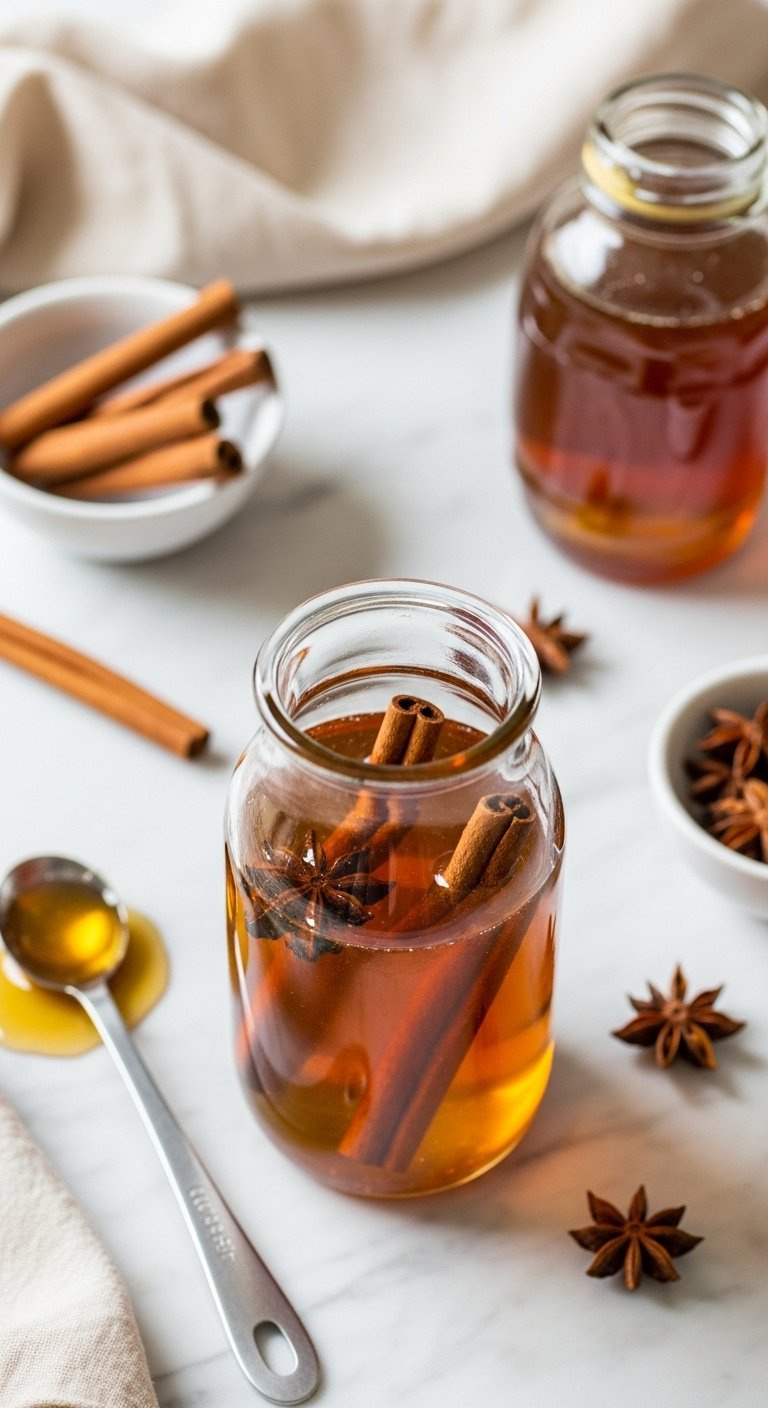Golden Honey Cinnamon Syrup In A Glass Jar Infusing With Cinnamon Sticks And Star Anise On A Marble Countertop.