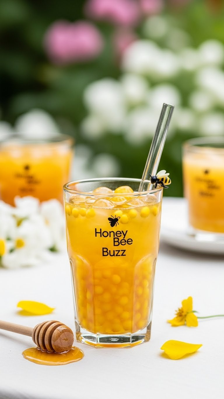Golden Honey-Colored Boba Tea With Bee-Shaped Yellow Jelly Pearls And Clear Straw On White Tablecloth